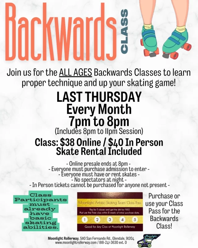 🛼 One week to go until our All Ages Backwards Class!

Ready to take your skating to the next level? If you've mastered the basics and want to build confidence skating backwards, this class is for you! Our instructors will teach proper backward skating technique to help you improve your control, balance, and overall skating skills.

Best of all, your class admission includes the public skating session immediately afterward, so you'll have plenty of time to practice what you've learned. Skate rental is included, and if you're one of our Class Pass holders, you can use your pass for this class!

Come roll with us and start skating backwards with confidence. We can't wait to see your progress! 🛼