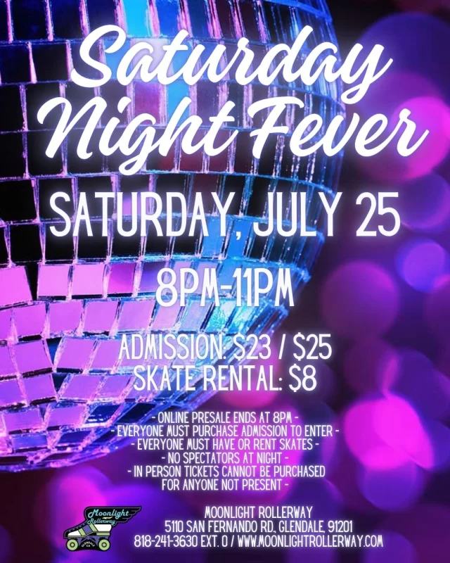 🛼 Stayin' alive... and stayin' on skates! ✨

Get ready to roll back to the disco era for a night filled with glitter, groove, and all the unforgettable hits that made Saturday Night Fever a cultural phenomenon. From the Bee Gees to Donna Summer, KC & The Sunshine Band, and more, the soundtrack will have you dancing on wheels all night long.

Dust off your bell bottoms, platform style, sequins, and disco glam, then hit the rink for an evening of funky beats, colorful lights, and nonstop skating fun. Whether you lived through the disco era or just love the music, this is one night you won't want to miss.

Can you dig it? We can't wait to see you under the disco ball! 🕺💃🛼✨