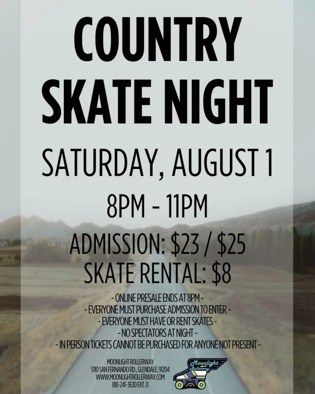 🛼 Dust off your boots, grab your hat, and get ready to roll!

Our Country Music Skate Night is bringing all your favorite country hits to the skating floor. From today's chart-toppers to timeless classics, you'll be skating to the biggest names in country music all night long.

Whether you're a two-step pro, a country music fan, or just looking for a fun night out, this is the perfect chance to kick up some fun on eight wheels. So round up your friends, throw on your favorite western wear, and join us for a boot-scootin', wheel-spinnin' good time!

Y'all ready to roll? 🤠🛼🎶
