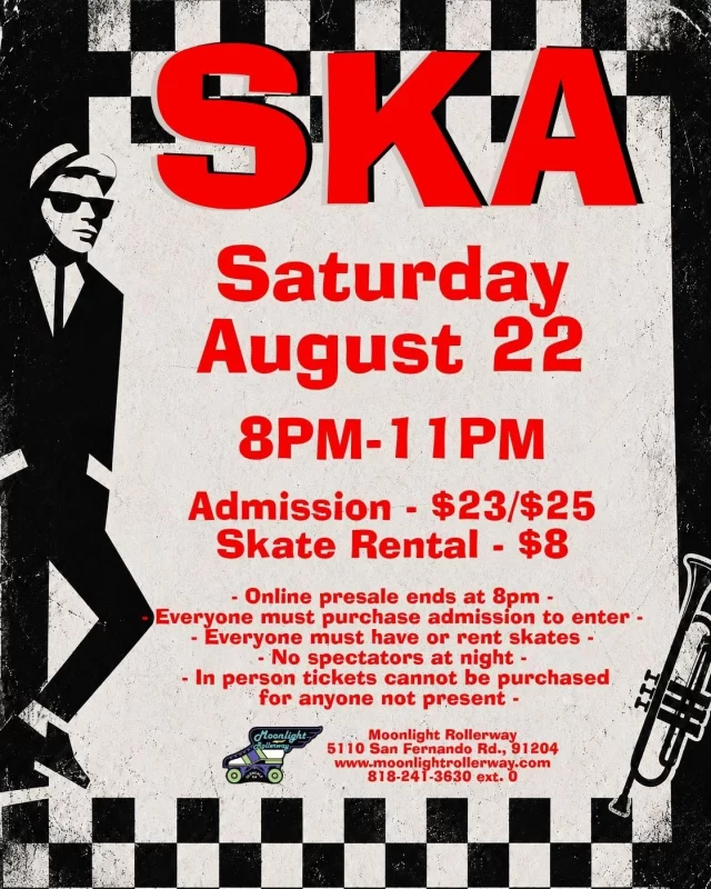 Pick it up, pick it up! It's time for a night of high-energy ska, fast-paced skating, and nonstop good vibes. From the legendary sounds of Reel Big Fish, The Mighty Mighty Bosstones, Less Than Jake, Madness, and more, we'll keep the music pumping and the rink moving all night long. Whether you're a lifelong ska fan or just love an upbeat soundtrack for skating, this is your chance to roll to the rhythm and have an unforgettable night. Grab your friends, lace up your skates, and get ready to skank... on wheels! 🛼🎺🎶
 #togetherweroll #rollerskatinglife #whyisk8 #whyiskate #rollerskating #rollerskates #ska