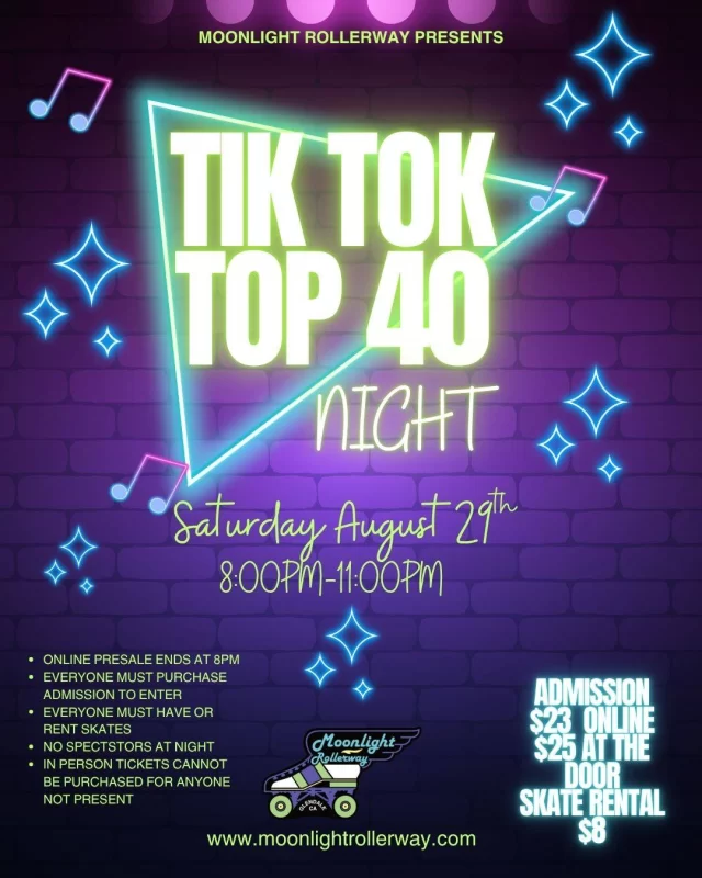 From viral dances to the hottest chart-toppers, this is the soundtrack you've been scrolling to! Join us for a TikTok Top 40 Skate Night featuring today's biggest hits from your favorite trending artists. Whether you're rolling with friends, filming your next viral clip, or just vibing to nonstop bangers, this is the place to be. Lace up your skates, hit the floor, and experience the music that's taking over everyone's For You Page! 🛼🎶📱🔥
 #togetherweroll #rollerskatinglife #whyisk8 #whyiskate #rollerskating #rollerskates